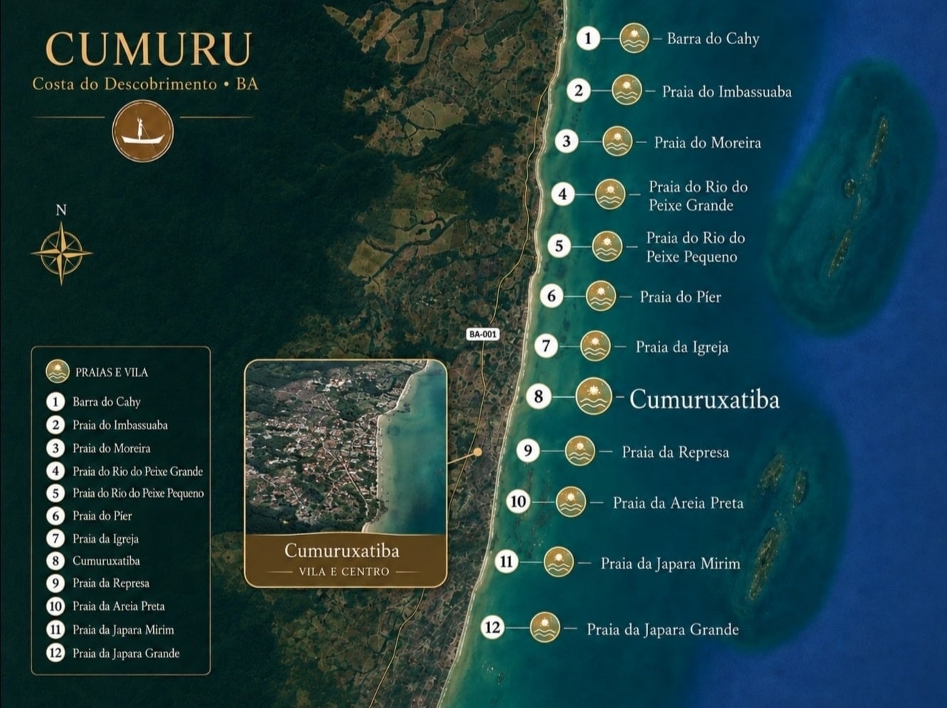Mapa de Cumuruxatiba e suas praias